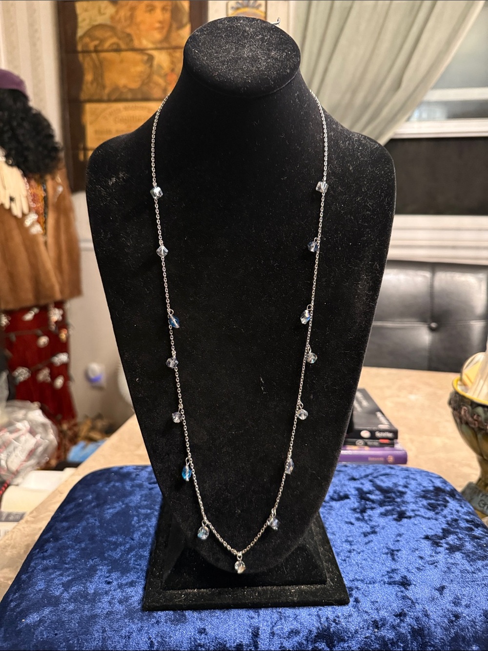 Vintage Silvertone long necklace with AB faceted crystal drops